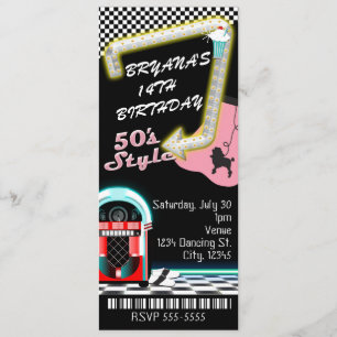 Feestticket met thema 50'er jaren stijl kaart