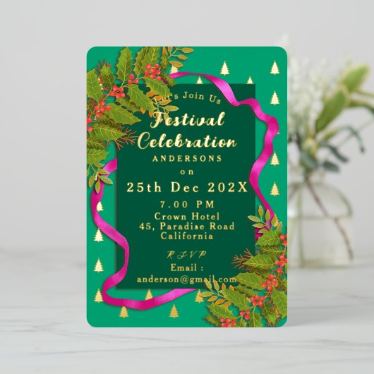 Feestviering Kerstgroen Folie Uitnodiging (Staand Voorkant)