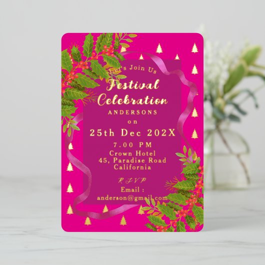 Feestviering Kerstrood Folie Uitnodiging (Staand Voorkant)