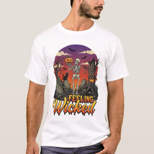 Fefling Boosaardige Skelet Pompoen Zwarte Kat Boom T-shirt
