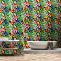 Fel gekleurde papegaaien en tropische bloemen