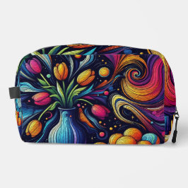 Fel gekleurde tulpen in een vaas toilettasje