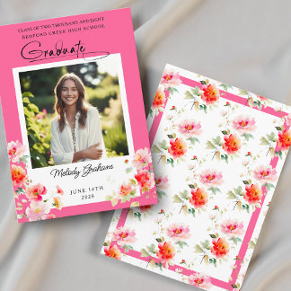 Fel Roze Oranje Bloemige Afstudeersa Invitatiekaar Kaart