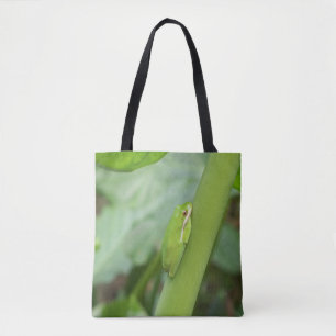 felgroene kikker op een canvas tas