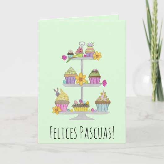 Felices Pascuas Spaans Pasen waterverf cupcakes Feestdagen Kaart (Voorkant)