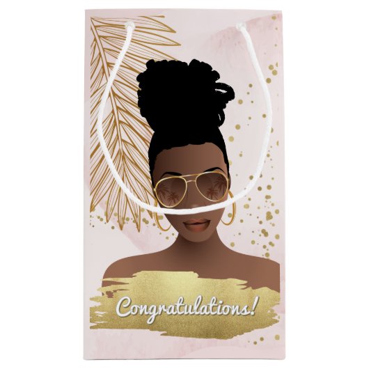 Felicitatie! Zwarte Vrouw Roze & Goud, Tropisch Klein Cadeauzakje (Achterkant)