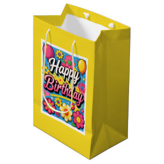 Felicitatiefelix bloemetjes en ballonnen geel medium cadeauzakje
