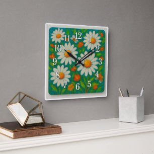 Félicitations marguerites et horloge murale Carré