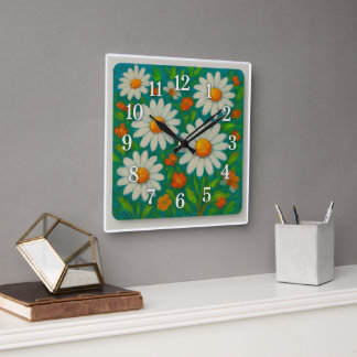 Félicitations marguerites et horloge murale Carré 