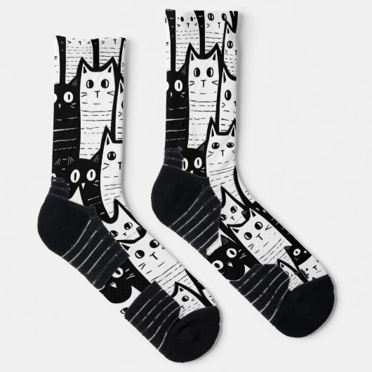 Feline Fancy: zwart-wit Cat Patterned Sokken (Rechts)