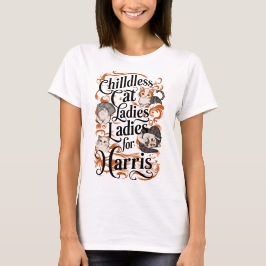 Feline Fandom: Kinderloze Kattenvrouwen T-shirt (Voorkant)