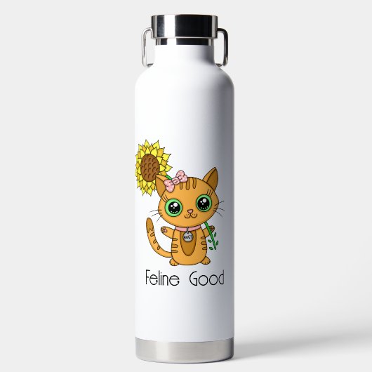Feline Good | Cute Cartoon Kitty Cat Pun Waterfles (Voorkant)
