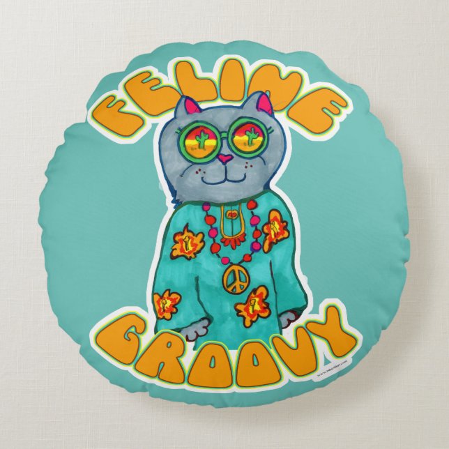 Feline Groovy Hippie Cat Marker Art Design Rond Kussen (Voorkant)