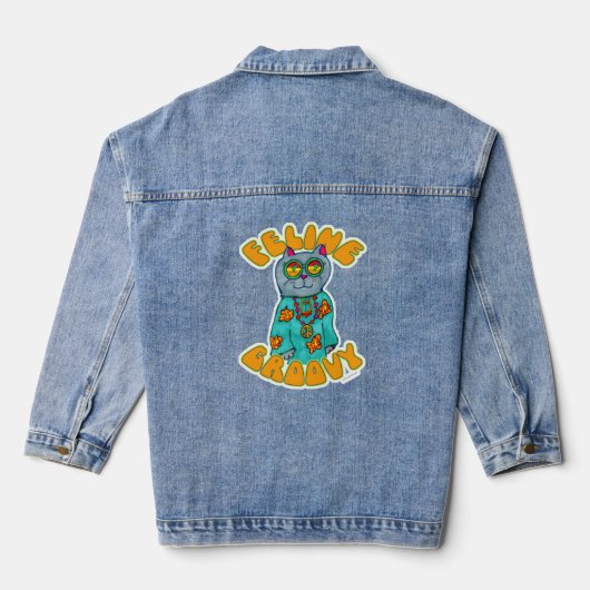 Feline Groovy Hippie Epic Fun Cat Cartoon Denim Jacket (Achterkant)