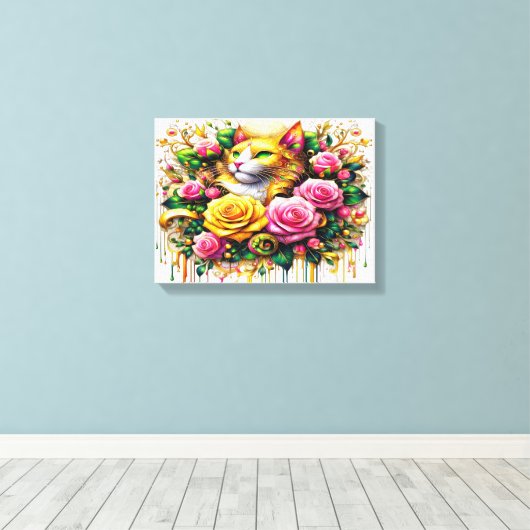 Feline temidden van een levendige bloemenbloei 16x canvas afdruk (Insitu (Houten vloer))