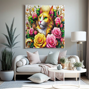 Feline temidden van een levendige bloemenbloei 16x poster