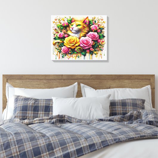 Feline temidden van een levendige bloemenbloei 20x canvas afdruk (Insitu (Slaapkamer))