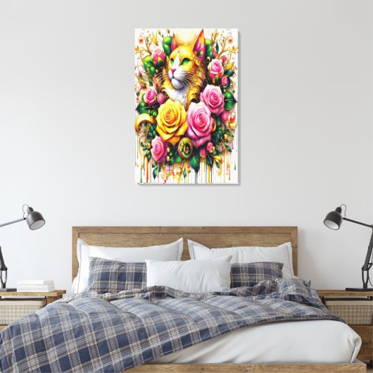 Feline temidden van een levendige bloemenbloei 24x canvas afdruk (Insitu (Slaapkamer))
