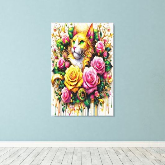 Feline temidden van een levendige bloemenbloei 24x canvas afdruk (Insitu (Houten vloer))
