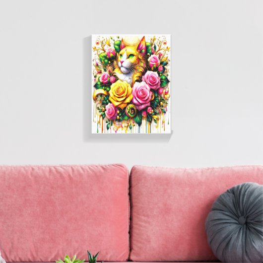 Feline temidden van een levendige bloemenbloei 8x1 canvas afdruk (Insitu (Woonkamer))