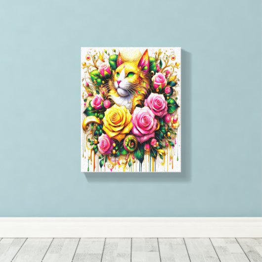 Feline temidden van een levendige bloemenbloei 8x1 canvas afdruk (Insitu (Houten vloer))