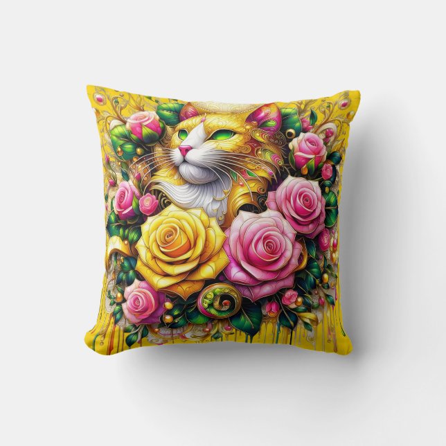 Feline temidden van een levendige bloemenbloei kussen (Voorkant)