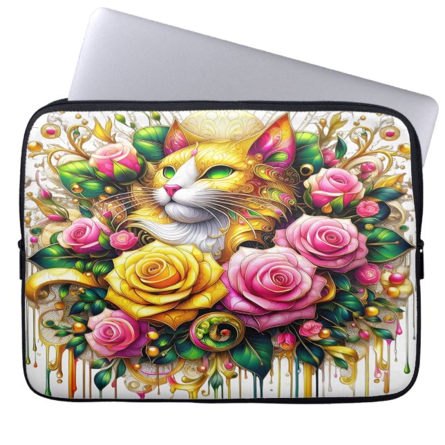 Feline temidden van een levendige bloemenbloei laptop sleeve (Voorkant)