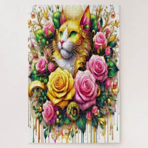 Feline temidden van een levendige bloemenbloei legpuzzel