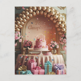 “Feliz Cumpleaños” Elegante Roze & Gouden Verjaard Briefkaart