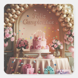 “Feliz Cumpleaños” Elegante Roze & Gouden Verjaard Vierkante Sticker
