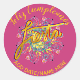 Feliz Cumpleanos FIESTA Folk Flowers gepersonalise Ronde Sticker
