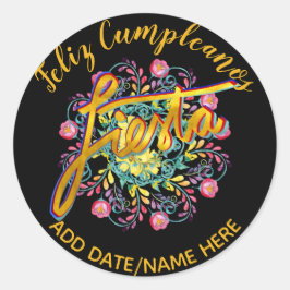 Feliz Cumpleanos FIESTA Folk Flowers gepersonalise Ronde Sticker