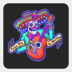 Feliz Dia DE Muertos met het Spelen van het Skelet Vierkante Sticker