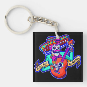 Feliz Dia De Muertos met Skeleton-gitaar Sleutelhanger