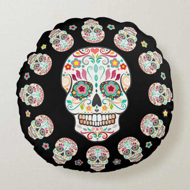 Feliz Muertos - coussin rond de crânes de fête de (Devant)