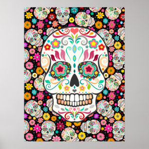 Feliz Muertos - Festive Sugar Skulls on Black Poster
