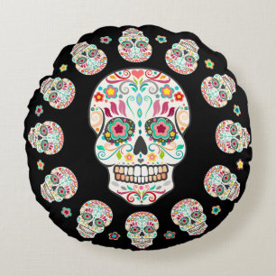 Feliz Muertos - Festive Sugar Skulls Round Pillow Rond Kussen