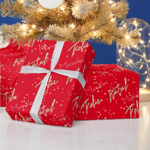 Feliz Natal Golden Script Custom Name Bright Red Cadeaupapier