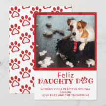 Feliz Naughty Dog Red Paw Prints Pet Photo Holiday