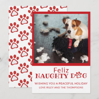 Feliz Naughty Dog Red Paw Prints Pet Photo Holiday Feestdagenkaart