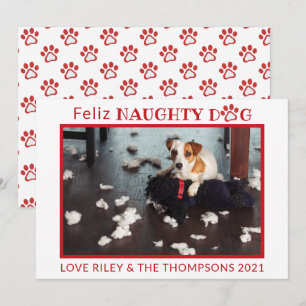 Feliz Naughty Dog Red Paws Horizontal Pet Photo Ho Feestdagenkaart