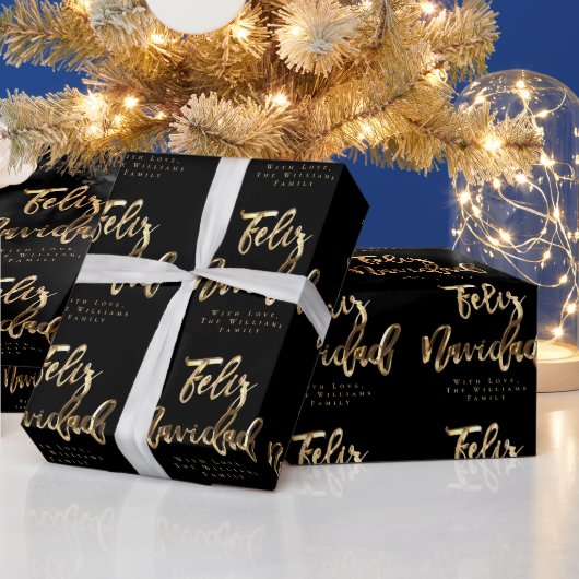 Feliz Navidad Elegant Black en Gold Script Chic H Cadeaupapier (Feestdagen)