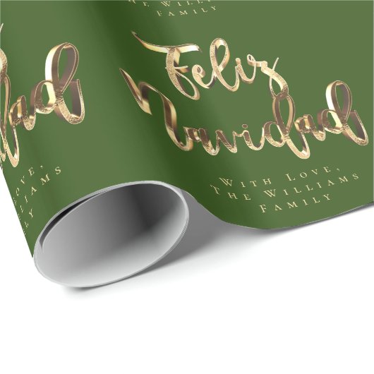 Feliz Navidad Elegant Groen en Goud Script Cadeaupapier (Rol Hoek)