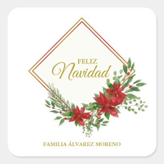 Feliz Navidad Español con Flor de Pascua y Acebo Vierkante Sticker (Voorkant)