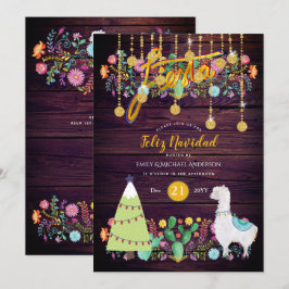 Feliz Navidad Feest Uitnodiging Folk Bloemen Lama