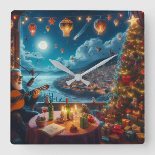 Feliz Navidad Feestelijke Gitaarspeler Kuststad Vierkante Klok