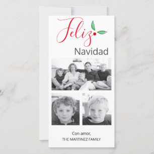Feliz Navidad Festive Holly Drie foto's Feestdagenkaart