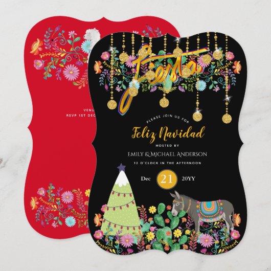 Feliz Navidad Fiesta Invitation Folk Flowers Burro (Devant / Derrière)
