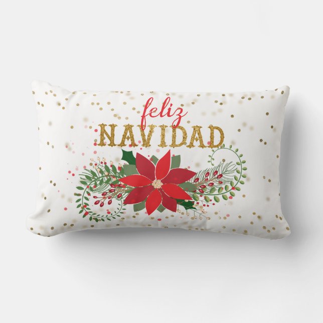 Feliz Navidad Gold Glitter Poinsettia Kussen (Voorkant)