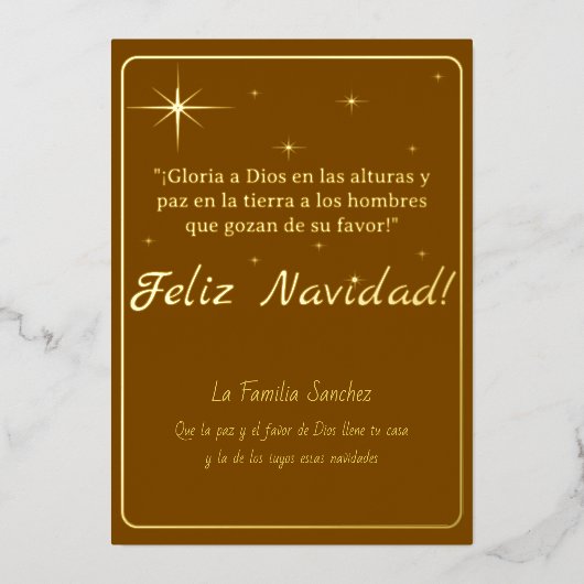 Feliz Navidad Golden & Brown Lucas 2:14 Vers Folie Feestdagenkaart (Voorkant)